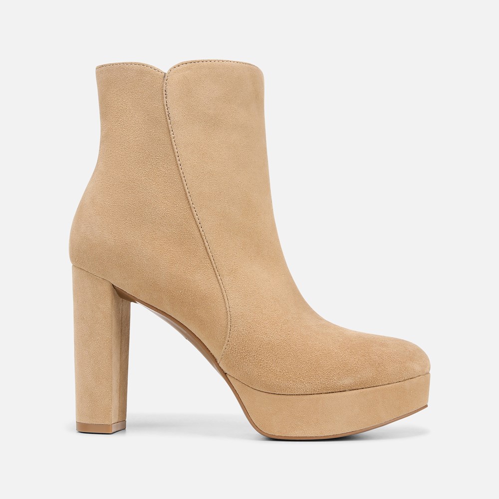 A tan high heeled bootie